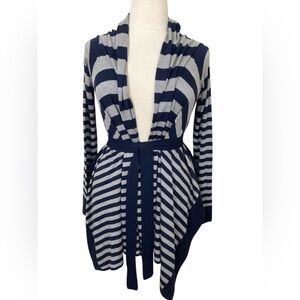 Navy & gray striped silk cashmere quiet luxury cardigan sweater office